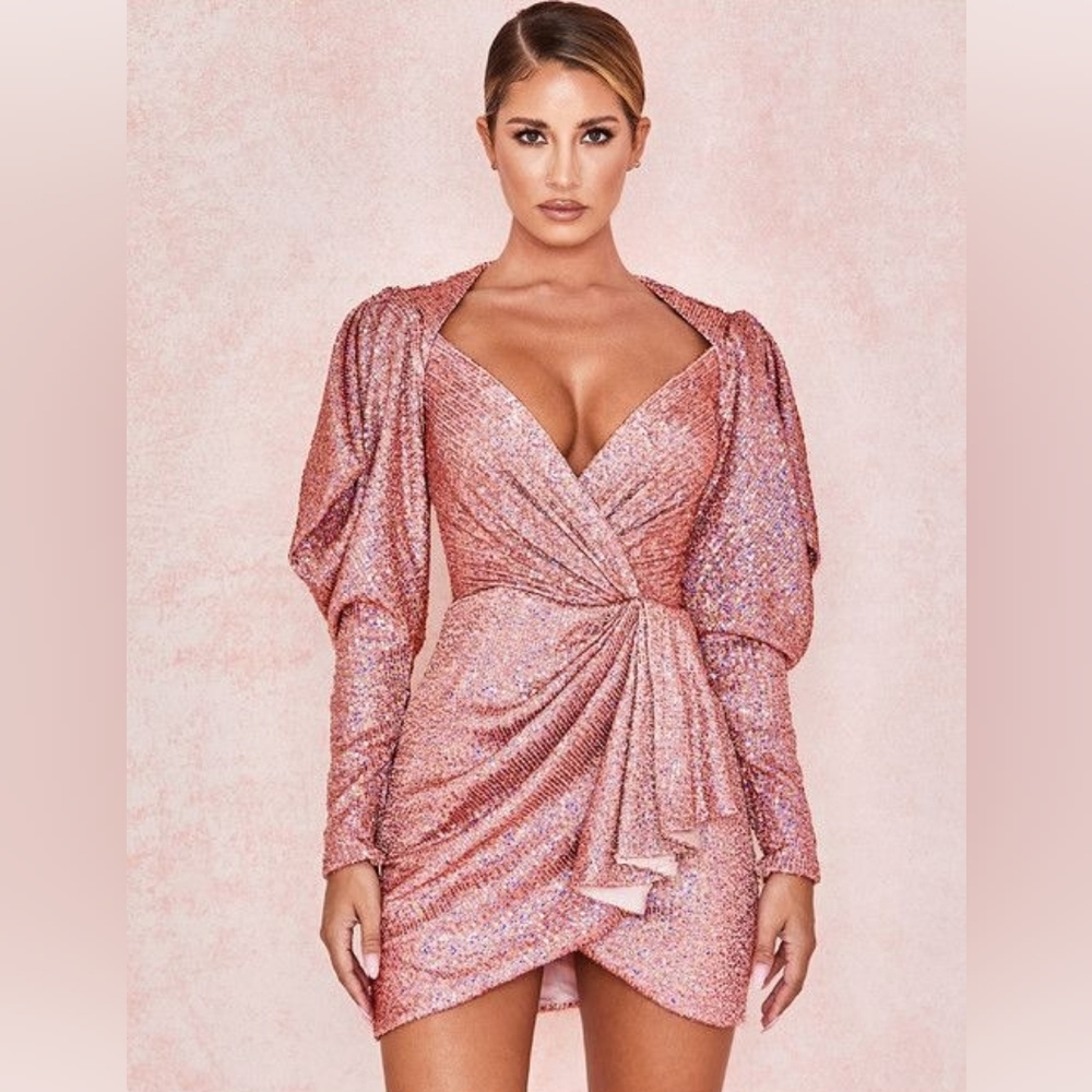 House of CB Rose Gold Sequin Draped Mini Dress | L+ | Glam Party Cocktail